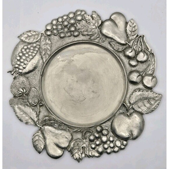 Pewter Plate Candle Holder Grape Fruits Leaves  6.5"vintage Made In Italy - Picture 1 of 13